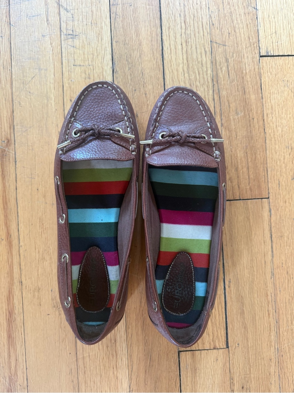 Brown Leather Boat Loafers with Striped Insole